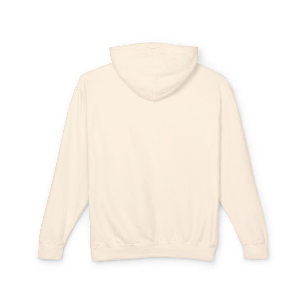Back view of a plain off-white hoodie laid flat, showing the hood, long sleeves, ribbed cuffs, and hem. Blank back design perfect for customization. Classic unisex pullover hoodie.