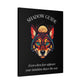 Black canvas wall art print of colorful abstract wolf head with intense eyes, geometric accents, and cosmic splatters on dark background. Arched white text "SHADOW GUIDE" above and quote "Even when fear appears, your intuition shows the way" below. 