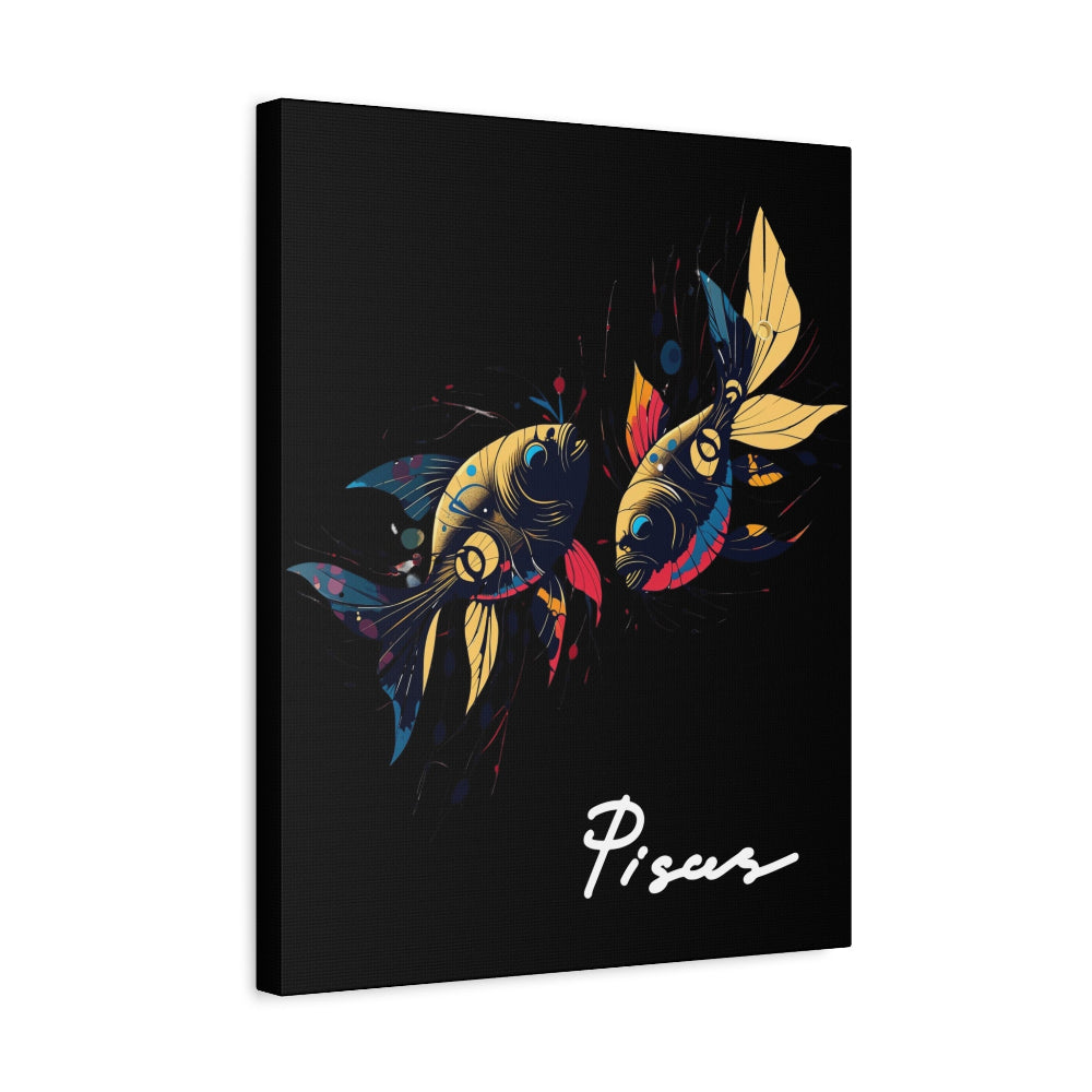 Black canvas wall art print of colorful abstract mirrored fish with flowing fins and cosmic splatters on dark background, featuring "Pisces" in elegant white cursive.