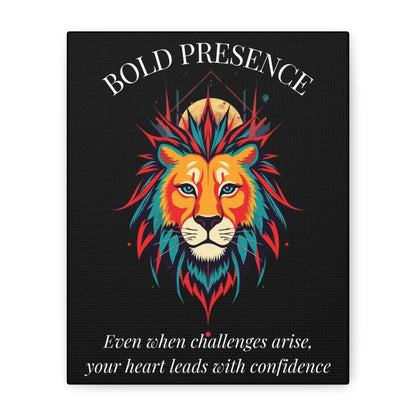Close up of black canvas wall art print of colorful abstract lion head with intense expression, flowing mane, geometric accents, and cosmic splatters on dark background. Arched white text "BOLD PRESENCE" above and quote "Even when challenges arise, your heart leads with confidence" below.