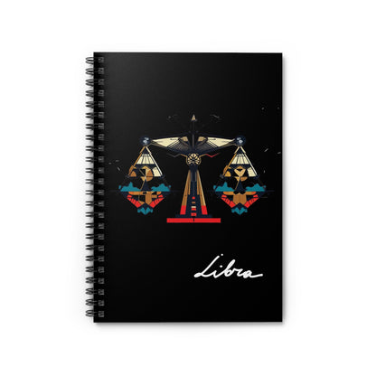 Close up of notebook with a colorful abstract geometric scales of justice design, intricate patterns, and paint splatters on a black background, featuring the word "Libra" in elegant white cursive.