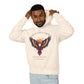 Young man modeling cream hoodie with colorful abstract eagle/phoenix graphic, "TRUST YOUR VISION" arched above, and inspirational quote "Even when others can't see what you see" below, pulling up hood
