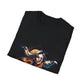 Black folded unisex cotton t-shirt featuring bold "Feral" graphic print: vibrant abstract portrait of a fierce woman with wild flowing hair, intense expression, tribal markings, colorful geometric accents, and dynamic paint splatters in red, orange, teal, blue, and gold tones bursting outward around an orange moon background. White elegant cursive "Feral" text below. Wild feminine energy motivational crewneck tee.