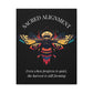 Close up of black canvas wall art print of colorful abstract sacred bee with detailed wings, geometric accents, and cosmic splatters on dark background. Arched white text "SACRED ALIGNMENT" above and quote "Even when progress is quiet, the harvest is still forming" below. 