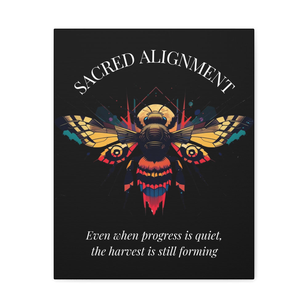 Close up of black canvas wall art print of colorful abstract sacred bee with detailed wings, geometric accents, and cosmic splatters on dark background. Arched white text "SACRED ALIGNMENT" above and quote "Even when progress is quiet, the harvest is still forming" below. 