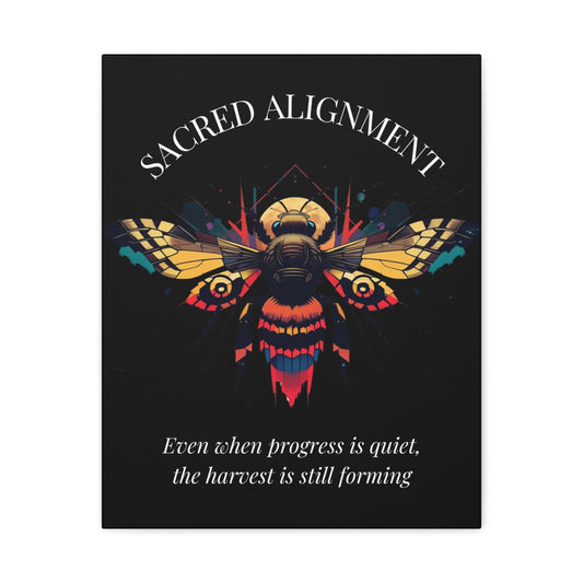 Close up of black canvas wall art print of colorful abstract sacred bee with detailed wings, geometric accents, and cosmic splatters on dark background. Arched white text "SACRED ALIGNMENT" above and quote "Even when progress is quiet, the harvest is still forming" below. 