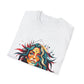 White folded unisex cotton t-shirt featuring bold "Feral" graphic print: vibrant abstract portrait of a fierce woman with wild flowing multicolored hair, intense expression, tribal markings and forehead jewel, colorful geometric accents, and dynamic paint splatters in red, orange, teal, blue, and gold tones bursting outward. White elegant cursive "Feral" text below. Wild feminine energy motivational crewneck tee.