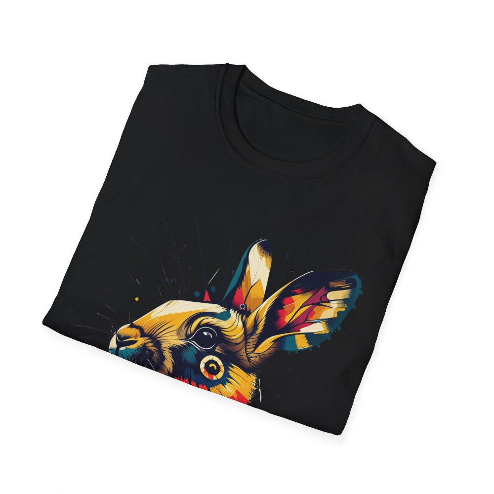 Black folded unisex cotton t-shirt featuring bold Year of the Rabbit graphic print: vibrant abstract rabbit face portrait with large expressive ears, intense glowing eyes, geometric patterns, and dynamic multicolored paint splatters in gold, red, blue, teal, orange, and black tones exploding outward. Chinese text "兔年" (Year of the Rabbit) printed below in white. Zodiac Chinese New Year motivational crewneck tee.