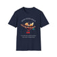 Navy blue t-shirt featuring a vibrant hummingbird graphic with the text "MOVE WITH GRACE" arched above and the quote "Even when the world accelerates, Your center remains steady" below. Motivational spiritual apparel.