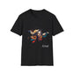 Black unisex cotton t-shirt featuring bold "Feral" graphic: vibrant abstract portrait of a fierce woman with wild flowing hair, intense expression, tribal markings, colorful geometric accents, and dynamic paint splatters in red, orange, teal, blue, and gold tones bursting outward around an orange moon background. White elegant cursive "Feral" text below. Wild feminine energy motivational crewneck tee.