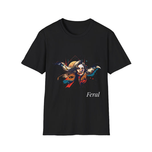 Black unisex cotton t-shirt featuring bold "Feral" graphic: vibrant abstract portrait of a fierce woman with wild flowing hair, intense expression, tribal markings, colorful geometric accents, and dynamic paint splatters in red, orange, teal, blue, and gold tones bursting outward around an orange moon background. White elegant cursive "Feral" text below. Wild feminine energy motivational crewneck tee.