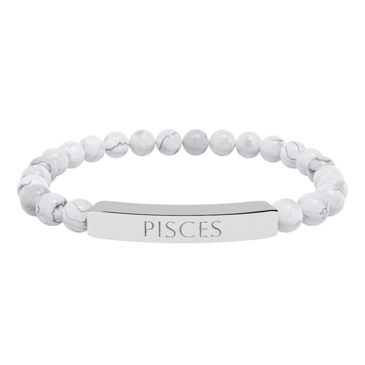 Bracelet with polished white howlite beads featuring natural gray-black veining and marbling, paired with a silver curved bar engraved "PISCES" in uppercase letters. Stretch-fit zodiac-inspired crystal jewelry.
