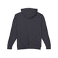 Back view of a plain dark gray hoodie laid flat, showing the hood, long sleeves, ribbed cuffs, and hem. Blank back design perfect for customization. Classic unisex pullover hoodie.
