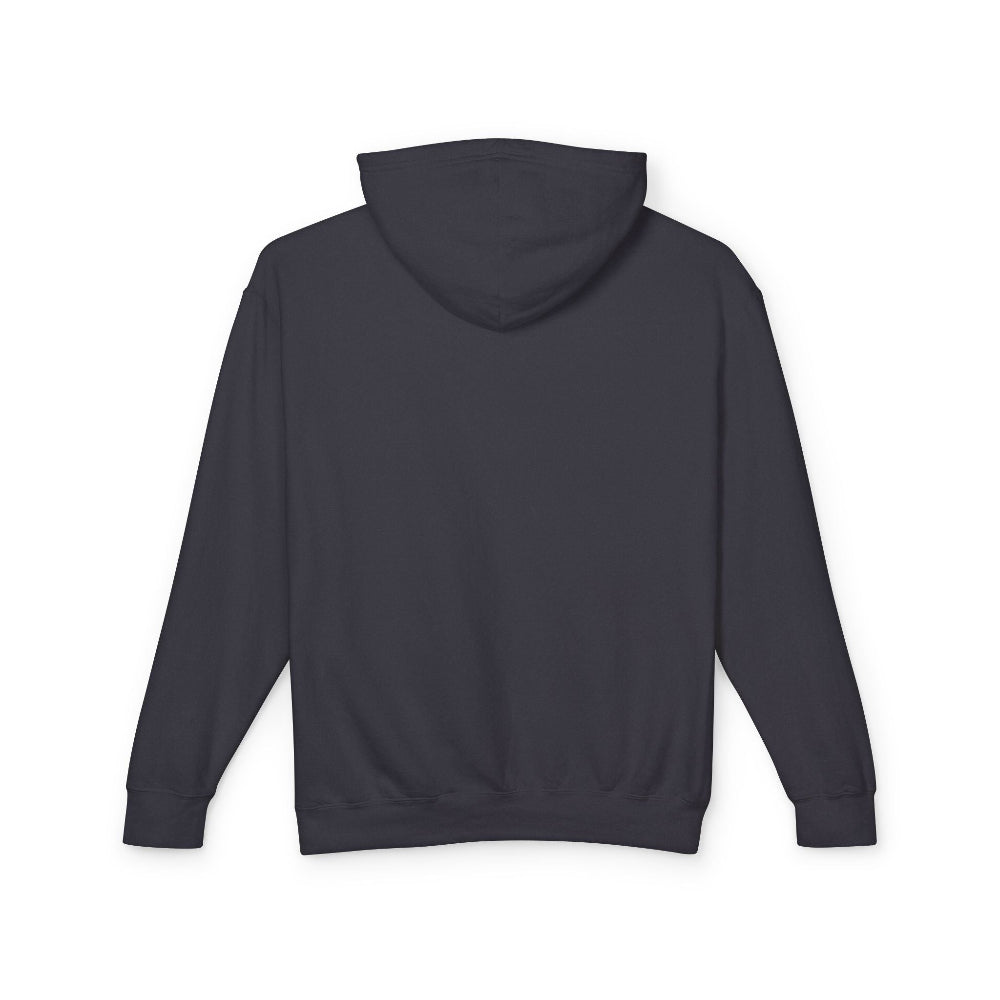 Back view of a plain dark gray hoodie laid flat, showing the hood, long sleeves, ribbed cuffs, and hem. Blank back design perfect for customization. Classic unisex pullover hoodie.