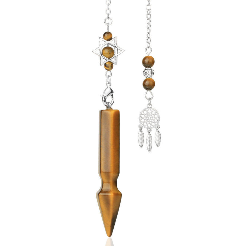 Silver pendulum with a long polished tiger's eye crystal point, featuring a Star of David charm with tiger's eye beads above. Beside it is a matching silver dreamcatcher charm with tiger's eye beads and feather details. Crystal dowsing tool set.