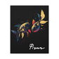 Close up of black canvas wall art print of colorful abstract mirrored fish with flowing fins and cosmic splatters on dark background, featuring "Pisces" in elegant white cursive.