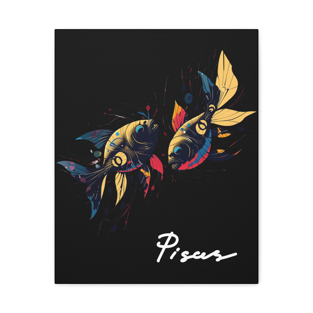 Close up of black canvas wall art print of colorful abstract mirrored fish with flowing fins and cosmic splatters on dark background, featuring "Pisces" in elegant white cursive.
