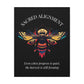Close up of black canvas wall art print of colorful abstract sacred bee with detailed wings, geometric accents, and cosmic splatters on dark background. Arched white text "SACRED ALIGNMENT" above and quote "Even when progress is quiet, the harvest is still forming" below. 