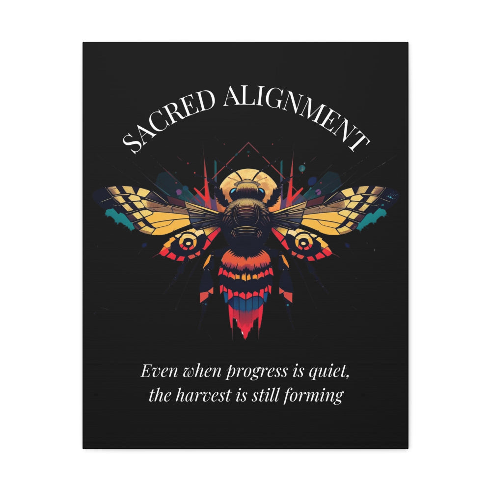 Close up of black canvas wall art print of colorful abstract sacred bee with detailed wings, geometric accents, and cosmic splatters on dark background. Arched white text "SACRED ALIGNMENT" above and quote "Even when progress is quiet, the harvest is still forming" below. 