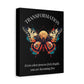 Black canvas wall art print of colorful abstract butterfly with detailed wings, geometric accents, and cosmic splatters on dark background, arched text "TRANSFORMATION" above and quote "Even when process feels fragile, you are becoming free" below. 