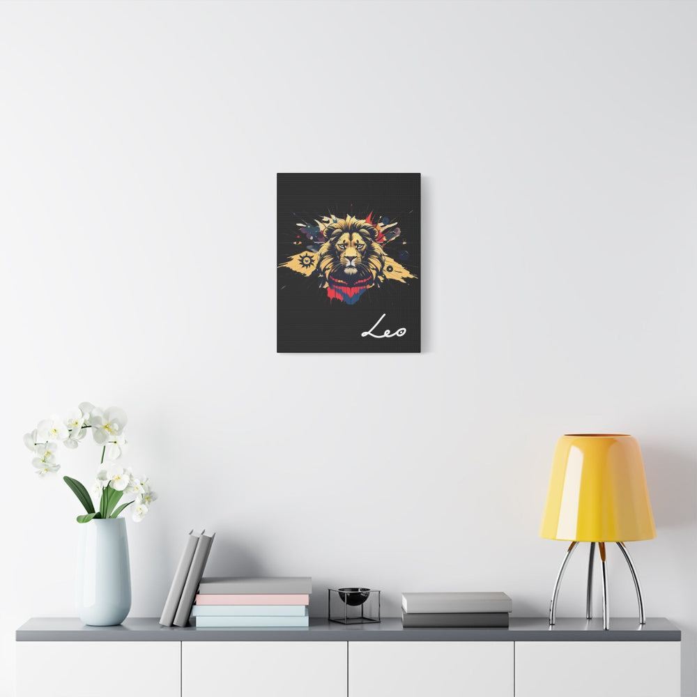 Leo zodiac wall art with bold illustrated lion design on black background, modern astrology canvas print displayed in stylish home décor setting