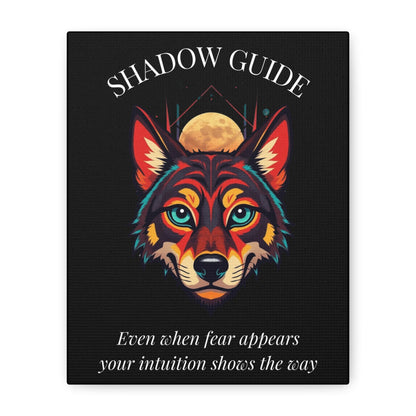 Close up of black canvas wall art print of colorful abstract wolf head with intense blue-green eyes, geometric accents, and cosmic splatters on dark background. Arched white text "SHADOW GUIDE" above and quote "Even when fear appears, your intuition shows the way" below.