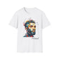 White unisex cotton t-shirt featuring bold Primal graphic print: stylized intense bearded man portrait with short styled hair, vibrant multicolored geometric face in red, teal, orange, yellow, and blue tones, dynamic paint splatters and abstract shards exploding outward. Elegant black cursive "Primal" text below. Primal masculine energy motivational crewneck tee.