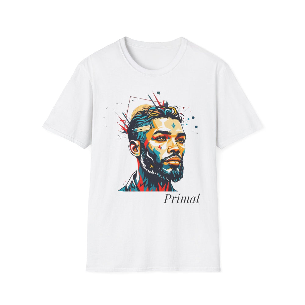 White unisex cotton t-shirt featuring bold Primal graphic print: stylized intense bearded man portrait with short styled hair, vibrant multicolored geometric face in red, teal, orange, yellow, and blue tones, dynamic paint splatters and abstract shards exploding outward. Elegant black cursive "Primal" text below. Primal masculine energy motivational crewneck tee.