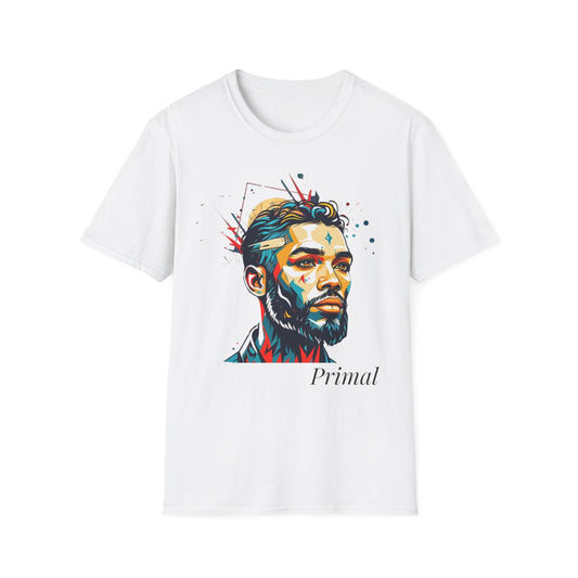 White unisex cotton t-shirt featuring bold Primal graphic print: stylized intense bearded man portrait with short styled hair, vibrant multicolored geometric face in red, teal, orange, yellow, and blue tones, dynamic paint splatters and abstract shards exploding outward. Elegant black cursive "Primal" text below. Primal masculine energy motivational crewneck tee.