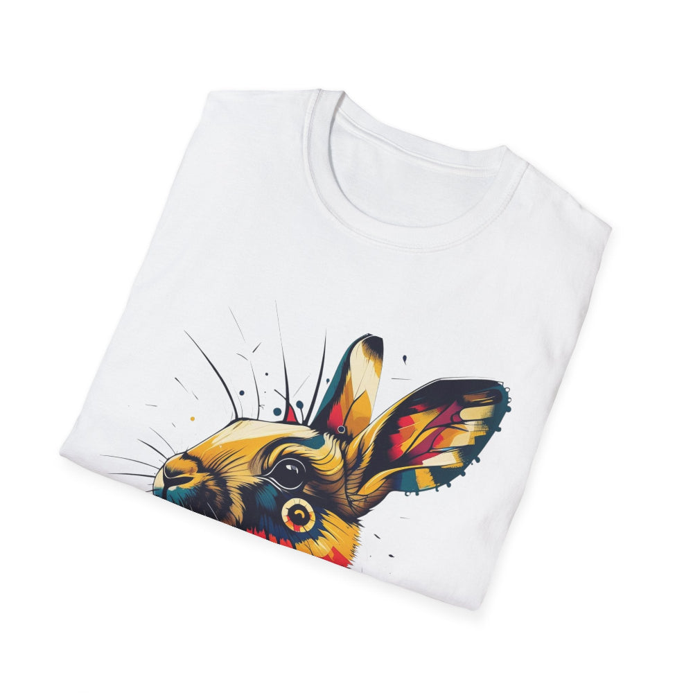 White folded unisex cotton t-shirt featuring bold Year of the Rabbit graphic print: vibrant abstract rabbit face portrait with large expressive ears, intense glowing eyes, geometric patterns, and dynamic multicolored paint splatters in gold, red, blue, teal, orange, and black tones exploding outward. Chinese text "兔年" (Year of the Rabbit) printed below in black. Zodiac Chinese New Year motivational crewneck tee.