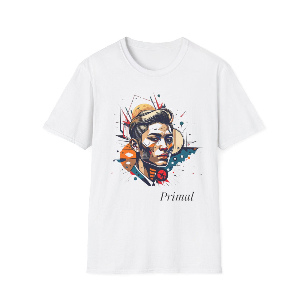 White unisex cotton t-shirt featuring bold Primal graphic print: stylized intense clean-shaven man portrait with short slicked-back hair, vibrant multicolored geometric face in orange, teal, red, yellow and blue tones, dynamic paint splatters and abstract shards exploding outward, moon accent detail. Elegant black cursive "Primal" text below. Primal masculine energy motivational crewneck tee.