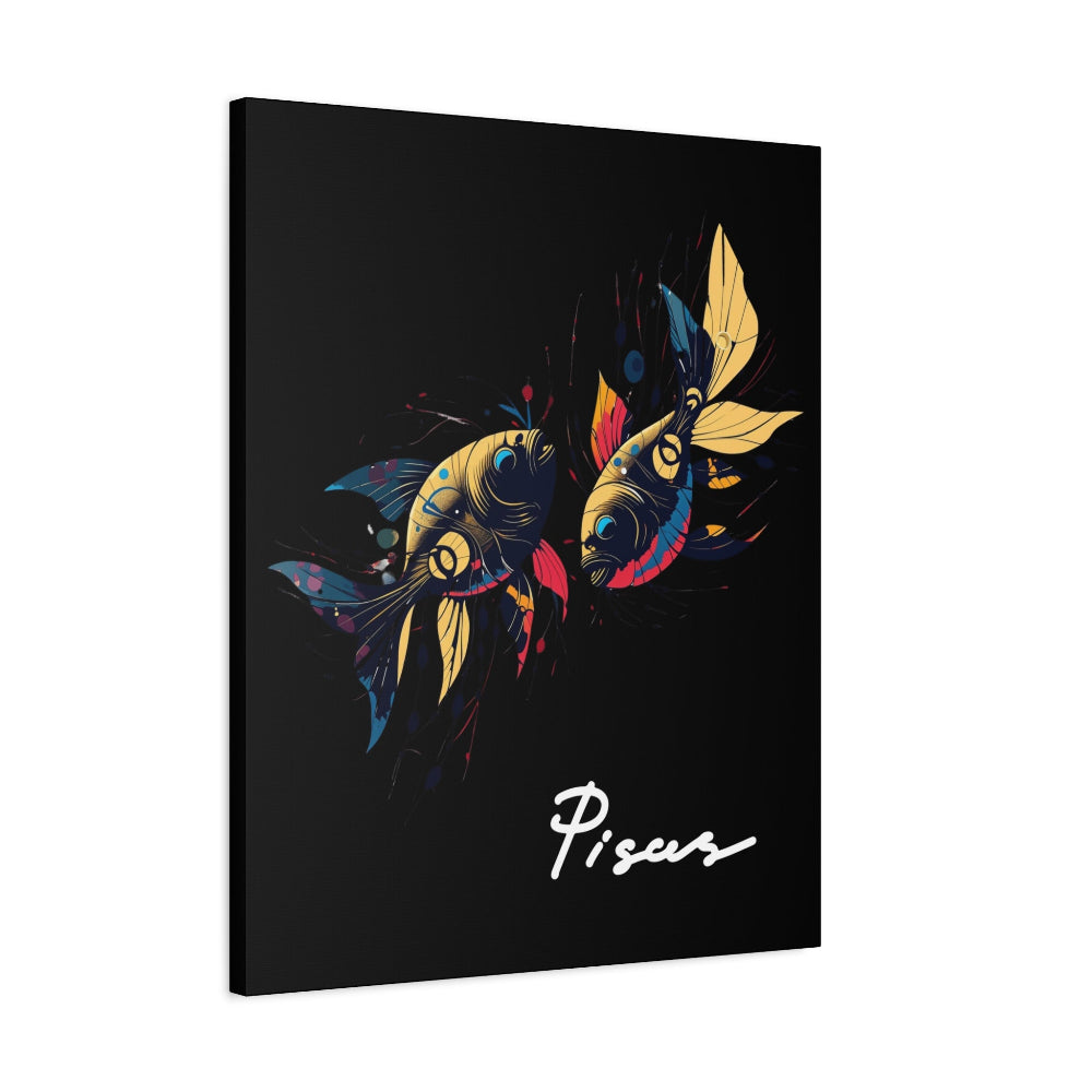 Black canvas wall art print of colorful abstract mirrored fish with flowing fins and cosmic splatters on dark background, featuring "Pisces" in elegant white cursive.