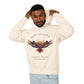Man in cream trust the silence hoodie pulling up hood, colorful owl graphic and wisdom quote