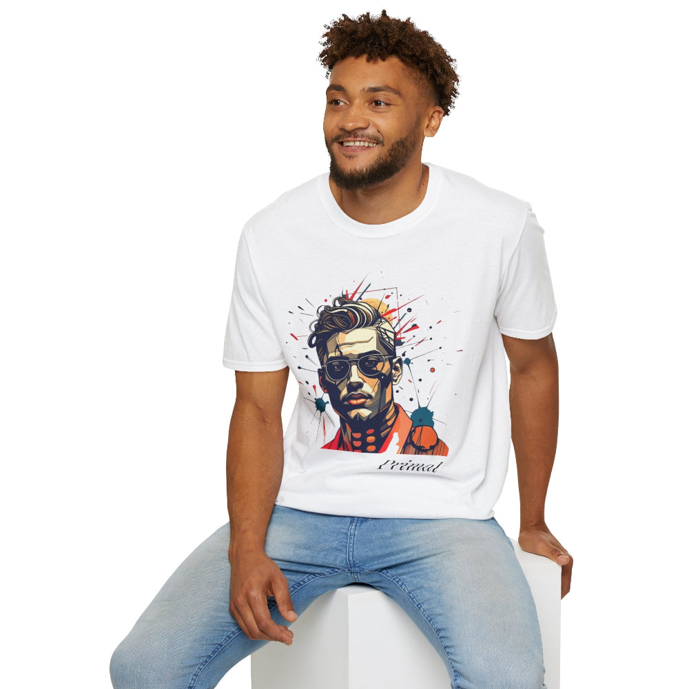 White unisex cotton t-shirt modeled by smiling man, featuring bold "Primal" graphic: stylized portrait of smiling man with curly hair and beard, intense gaze, and vibrant red, orange, yellow, blue paint splatters exploding outward. Black cursive "Primal" text below. Primal energy motivational crewneck tee.