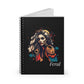 Notebook with a colorful abstract fierce woman portrait, wild flowing hair, tribal markings, geometric accents, and paint splatters on a black background, featuring the word "Feral".