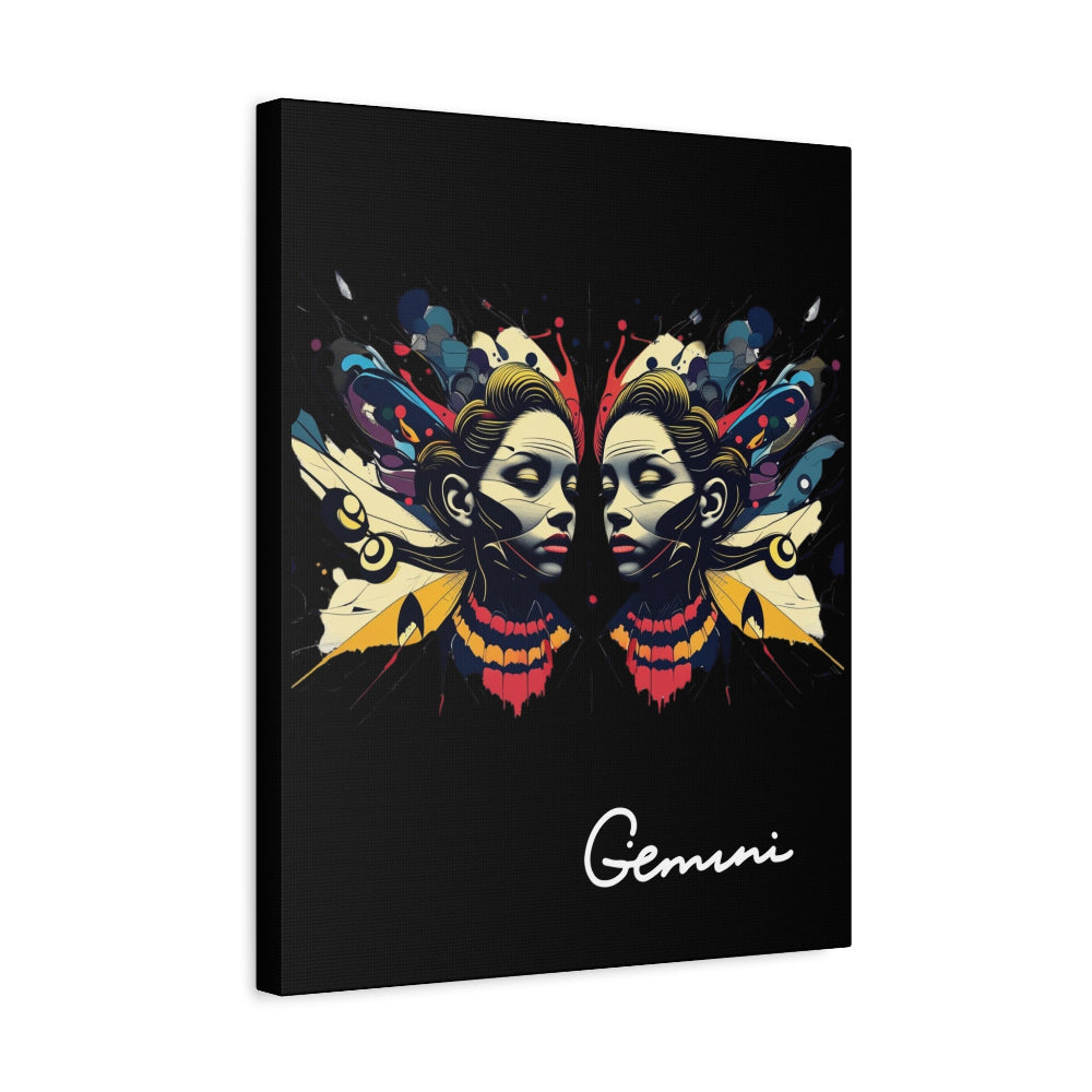Black canvas wall art print of colorful abstract Gemini twin faces with butterfly wings, cosmic accents, and paint splatters on dark background, featuring "Gemini" in elegant white cursive.