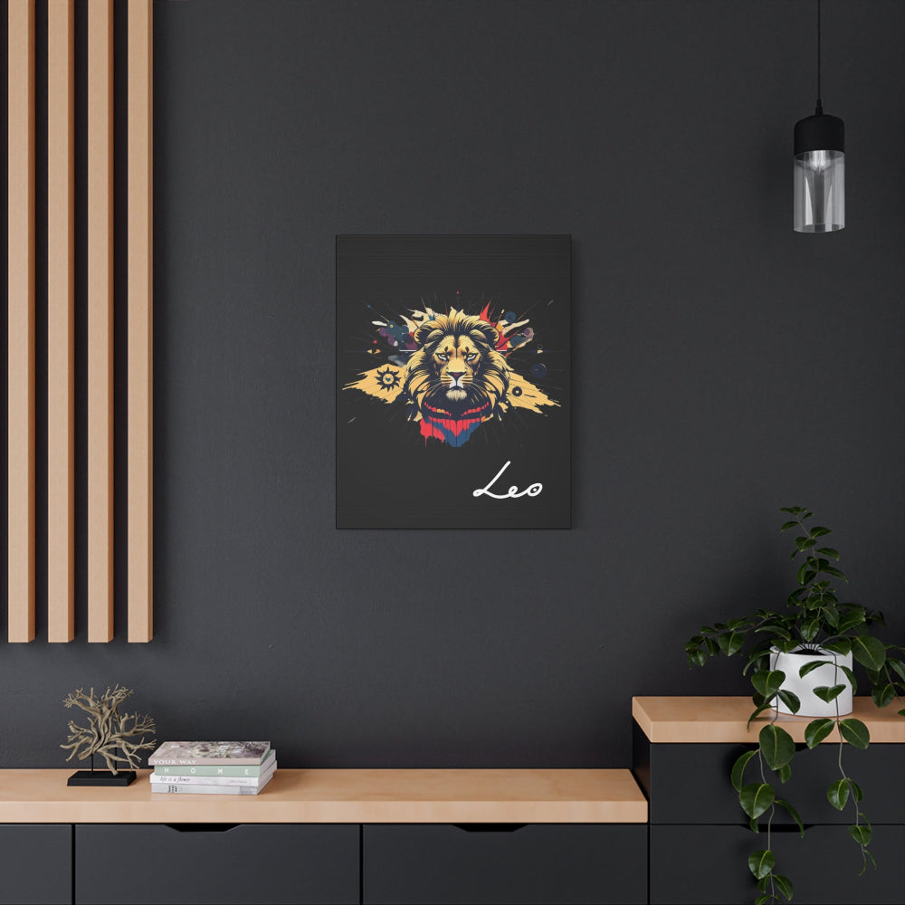 Leo zodiac wall art featuring a colorful illustrated lion on a black background, modern astrology canvas print displayed as framed artwork above a wooden shelf