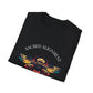 Black folded unisex cotton t-shirt featuring bold "Sacred Alignment" graphic print: vibrant abstract bee with detailed wings and body, colorful geometric accents, and dynamic paint splatters in red, orange, teal, blue, and gold tones bursting outward around an orange moon background. Arched white text "SACRED ALIGNMENT" above. Motivational spiritual empowerment crewneck tee flat lay.