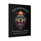 Black canvas wall art print of colorful abstract bear head with intense expression, flowing mane, geometric accents, and cosmic splatters on dark background. Arched white text "GROUNDED POWER" above and quote "Even when life is overwhelming, your roots keep you steady" below.