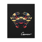 Close-up of Cancer zodiac canvas art featuring a bold golden crab illustration with colorful cosmic splashes on black background and stylized Cancer text.