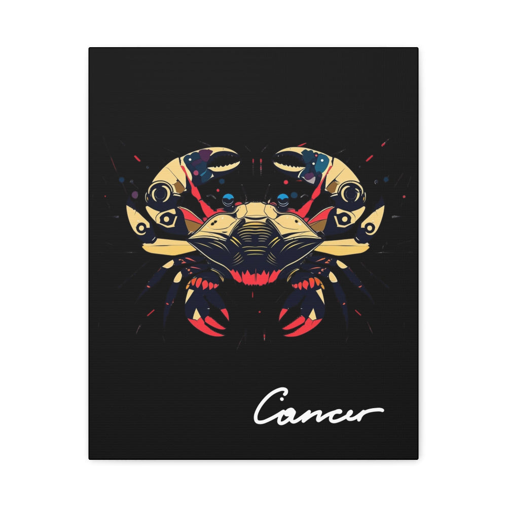 Close-up of Cancer zodiac canvas art featuring a bold golden crab illustration with colorful cosmic splashes on black background and stylized Cancer text.