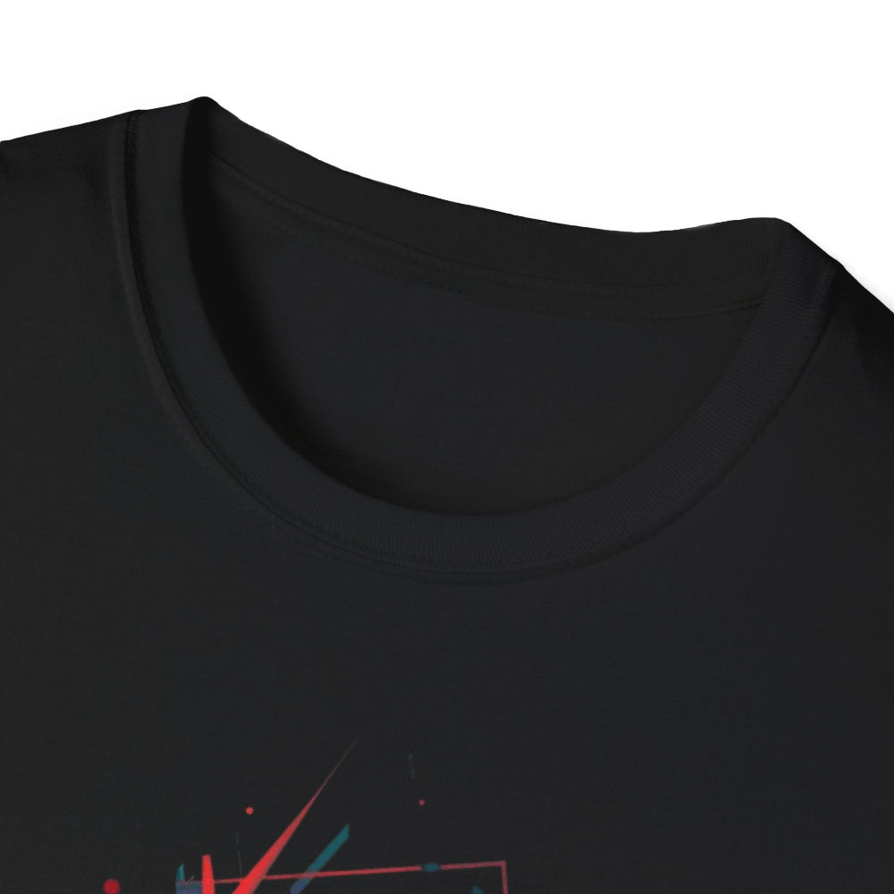 Close-up view of black unisex cotton crewneck t-shirt collar: soft ribbed neckline with clean stitching and comfortable fit. Premium quality durable crew neck construction detail on black graphic tee.