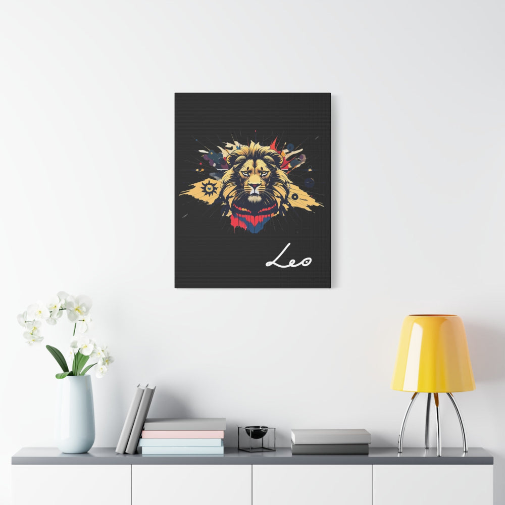 Leo zodiac wall art with bold illustrated lion design on black background, modern astrology canvas print displayed in stylish home décor setting