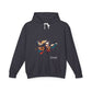 Dark gray hoodie with vibrant artistic portrait of a fierce woman with long flowing hair, bold red eye makeup, multicolored splash effects, geometric orange sun backdrop, "Feral" text below