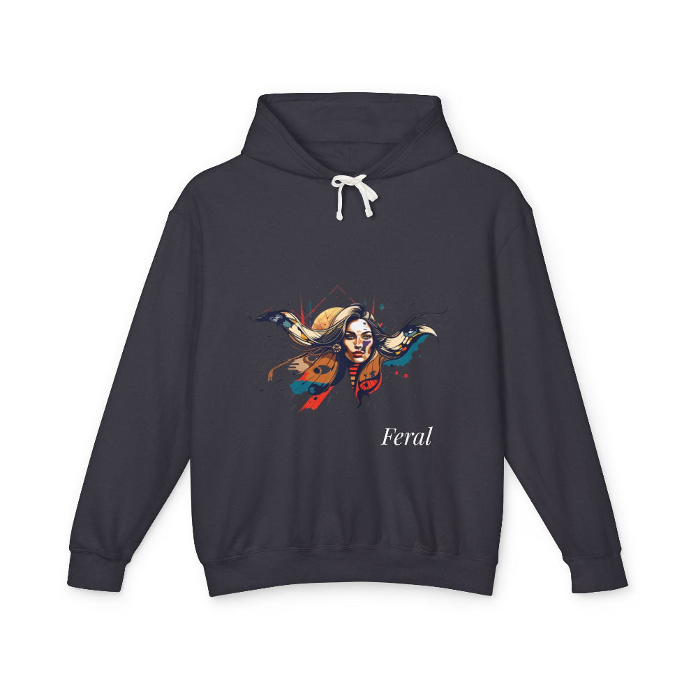 Dark gray hoodie with vibrant artistic portrait of a fierce woman with long flowing hair, bold red eye makeup, multicolored splash effects, geometric orange sun backdrop, "Feral" text below