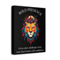 Black canvas wall art print of colorful abstract lion head with intense expression, flowing mane, geometric accents, and cosmic splatters on dark background. Arched white text "BOLD PRESENCE" above and quote "Even when challenges arise, your heart leads with confidence" below. 