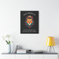 Black canvas wall art print of colorful abstract lion head with intense expression, flowing mane, geometric accents, and cosmic splatters on dark background. Arched white text "BOLD PRESENCE" above and quote "Even when challenges arise, your heart leads with confidence" below. Modern motivational zodiac decor hung on white wall above console table with books and yellow lamp.