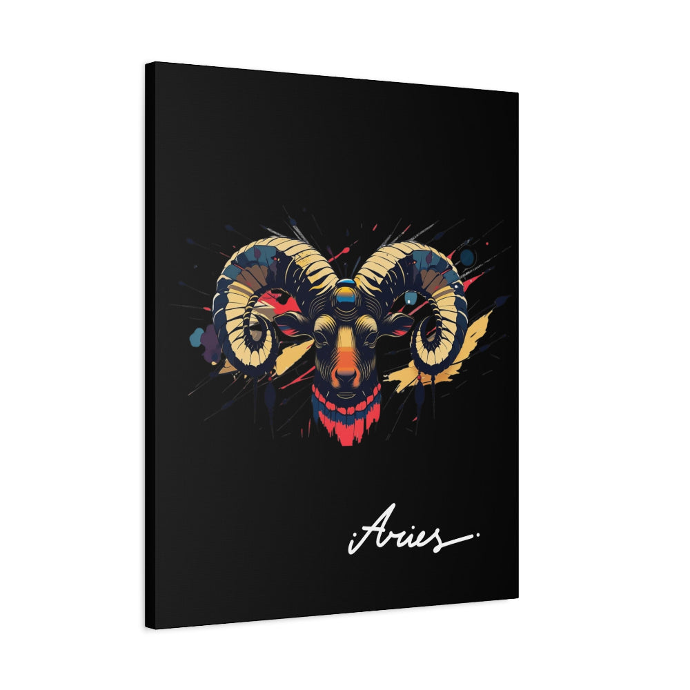 Black canvas wall art print of colorful abstract Aries ram head with curved horns, intense eyes, geometric patterns, and cosmic splatters on dark background, featuring "Aries" in elegant white cursive.
