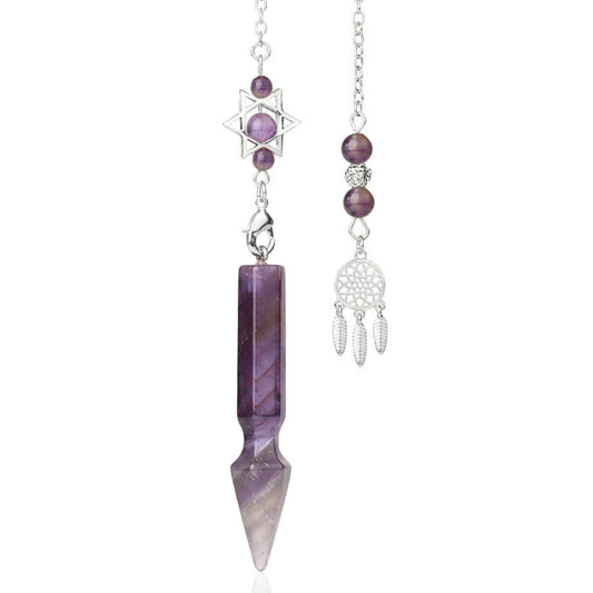 Silver pendulum with a long polished purple amethyst point, featuring a Star of David charm with amethyst beads above. Beside it is a matching silver dreamcatcher charm with amethyst beads and feather details. Crystal dowsing tool set.