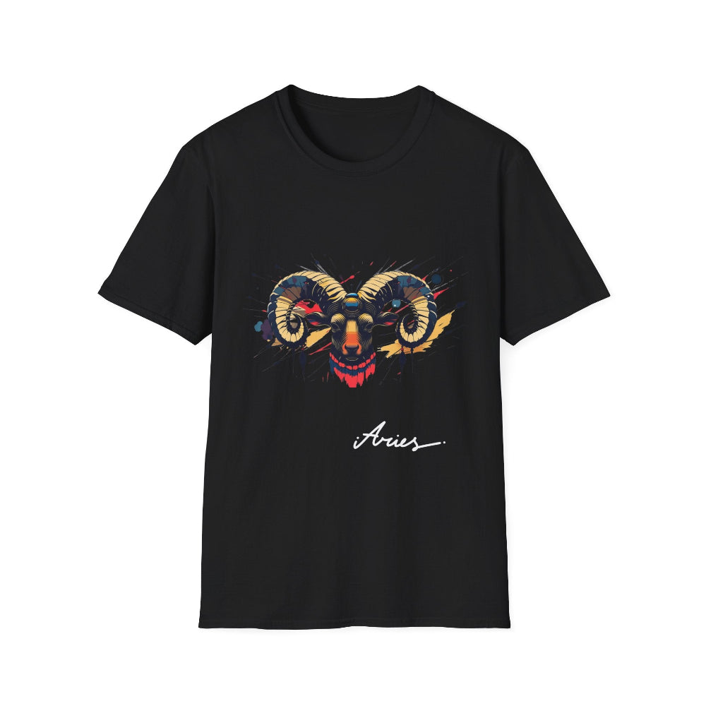 Black unisex cotton t-shirt featuring bold Aries zodiac graphic: vibrant abstract ram head portrait with large curved horns, intense expression, geometric patterns, and dynamic multicolored paint splatters in gold, red, navy, teal, and black tones exploding outward. Elegant white cursive "Aries" text below. Astrology zodiac motivational crewneck tee.